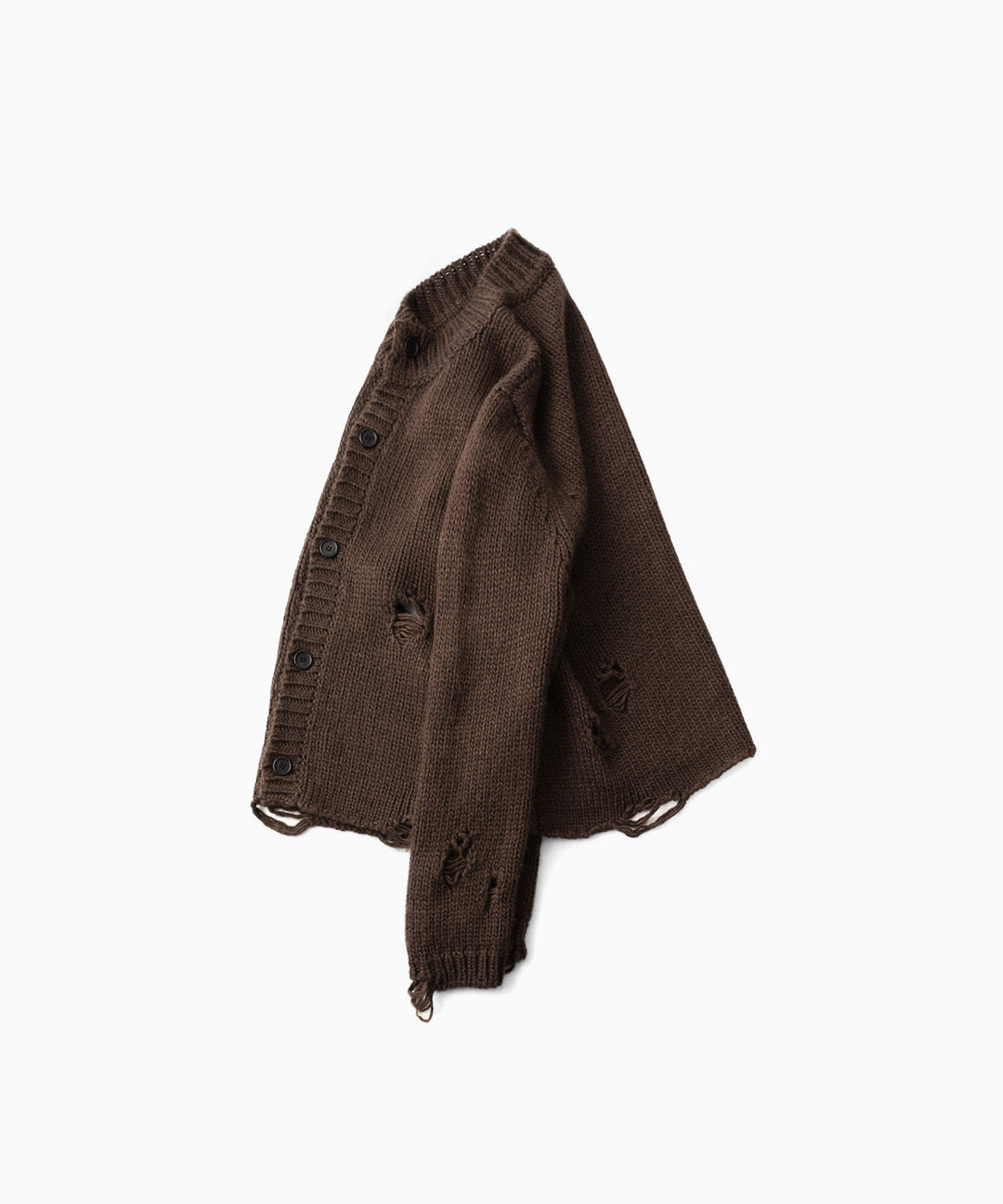 【CODA】DARK BROWN 90S’ ROUND NECK THRASHED CARDIGAN - BROWN