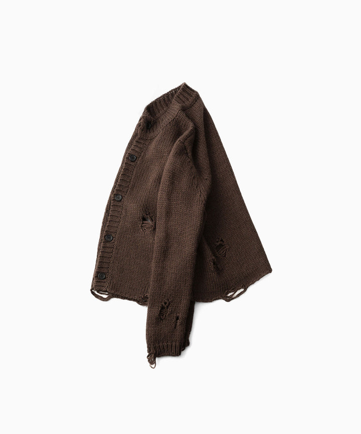 【CODA】DARK BROWN 90S’ ROUND NECK THRASHED CARDIGAN - BROWN