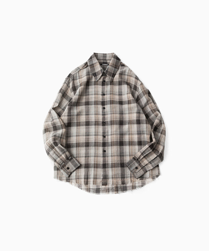【CODA】BROWN CHECKED WOOL RAW EDGES REWIND SHIRT - BROWN CHECKED