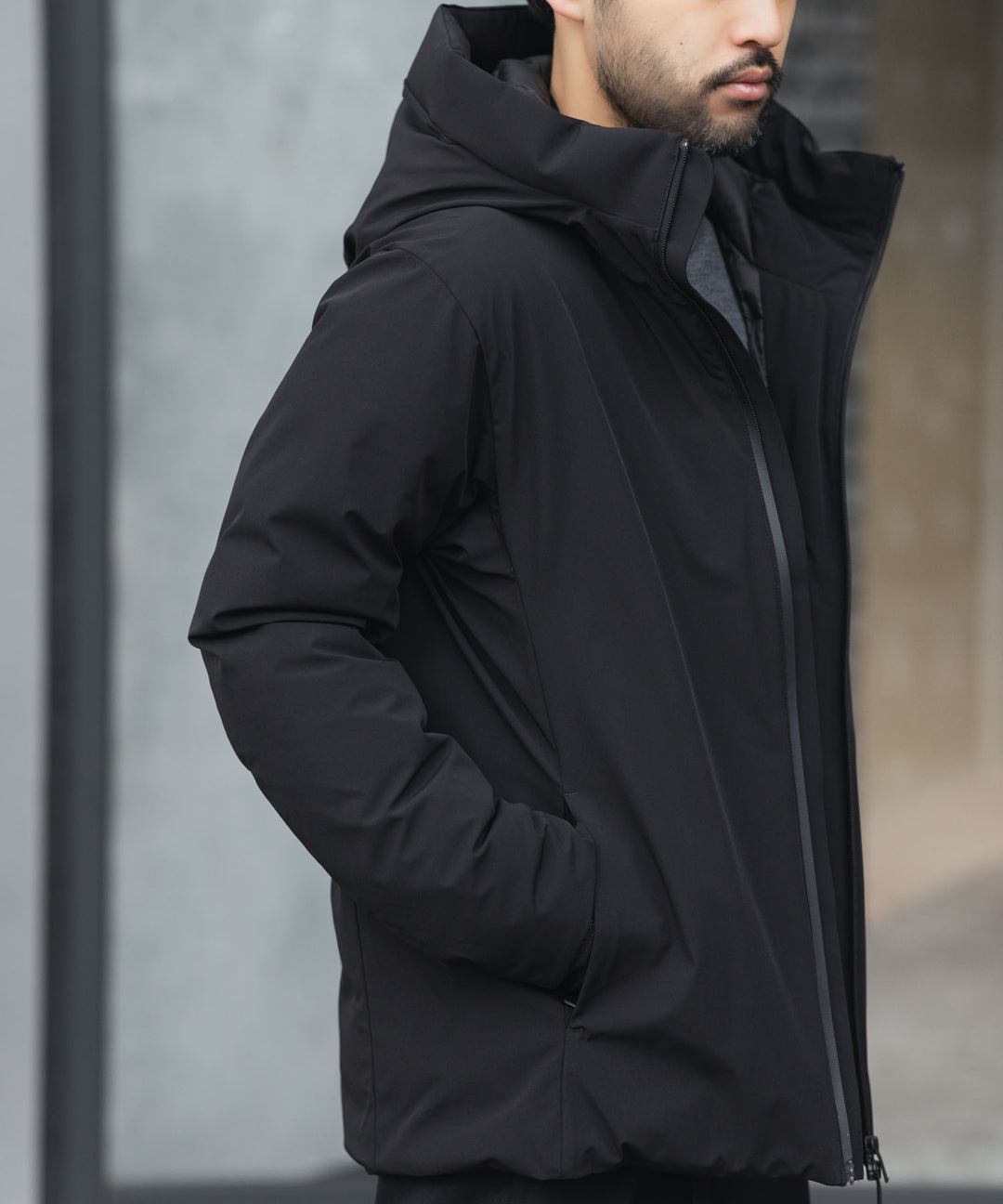 【 ATTACHMENT 】3LAYER LIGHT TAFFETA HOODED DOWN JACKET - BLACK
