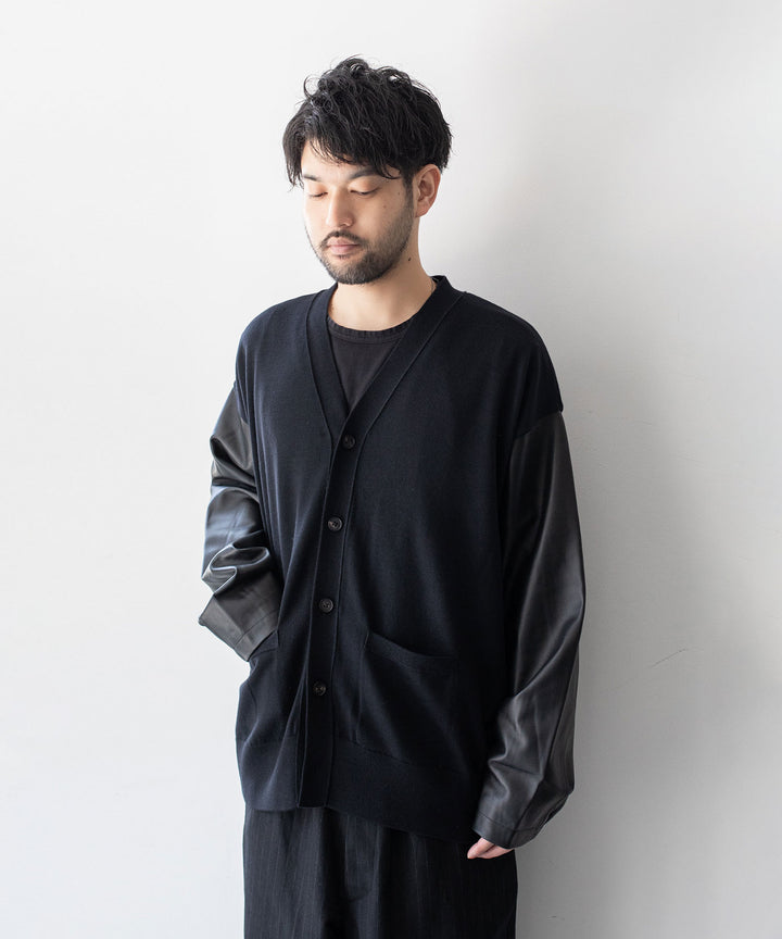 stein(シュタイン)の23AWコレクションLEATHER SLEEVES HIGH COUNT KNIT CARDIGANのBLACK × BLACK(LEATHER)