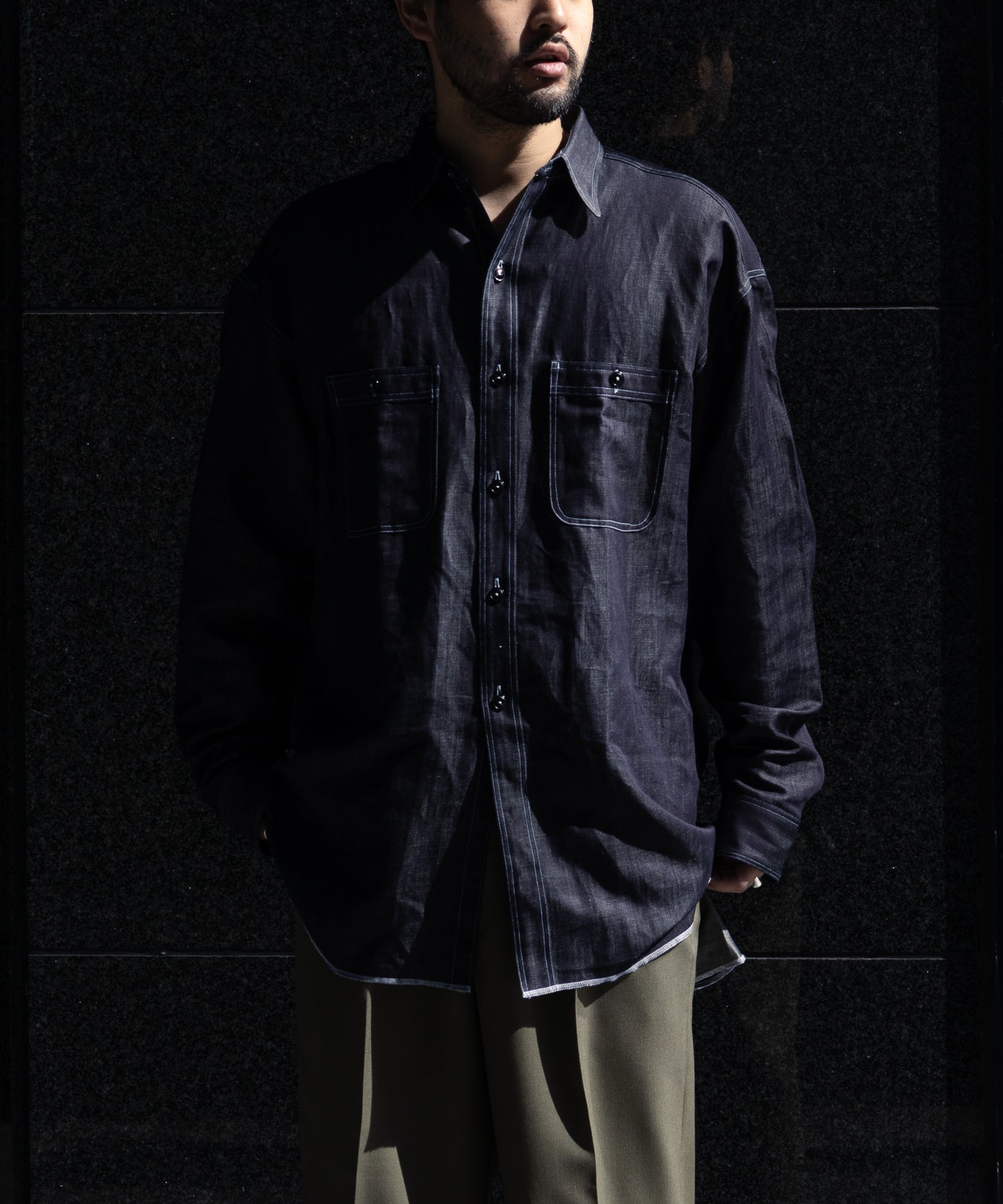 INTÉRIM / インテリム】HYPER BIG MILITARY LINEN DENIM SHIRT - NAVY