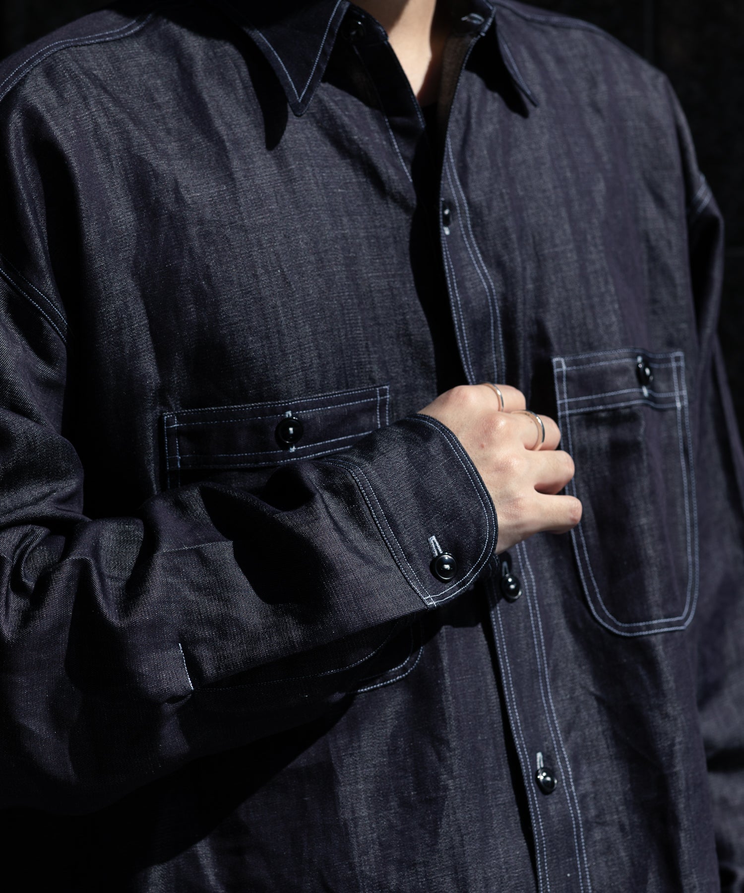 INTÉRIM / インテリム】HYPER BIG MILITARY LINEN DENIM SHIRT - NAVY