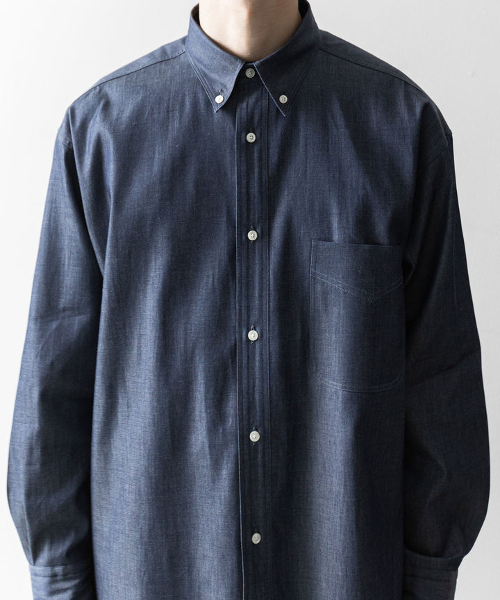 【INTÉRIM】90’S FIT UK LIGHT DENIM BUTTON DOWN SHIRT - NAVY
