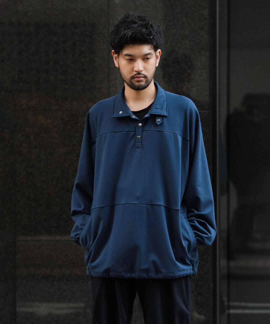 【KANEMASA】SUPER FINE GAUGE LOOSE LONG SLEEVE POLO - NAVY