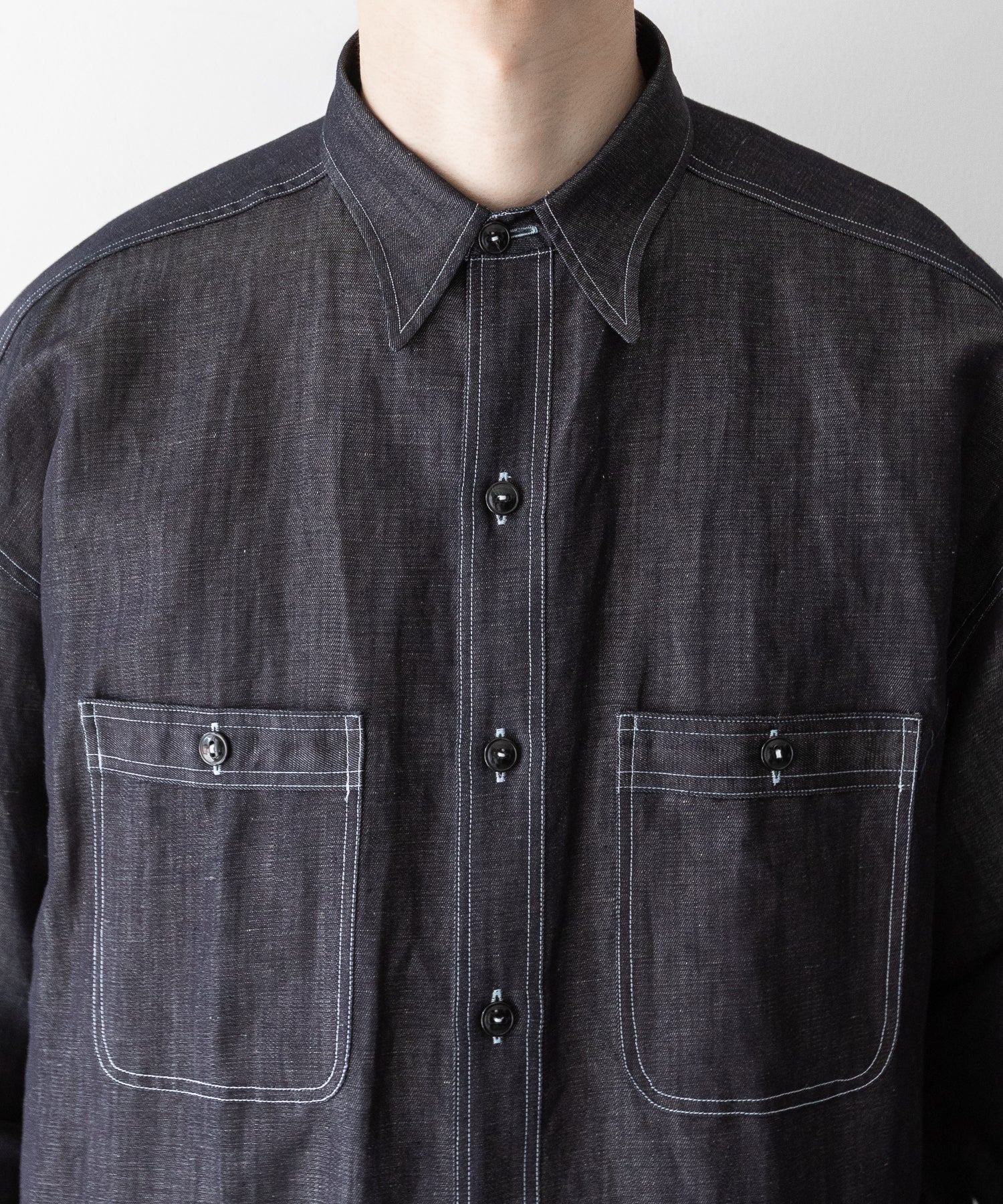 INTÉRIM / インテリム】HYPER BIG MILITARY LINEN DENIM SHIRT - NAVY