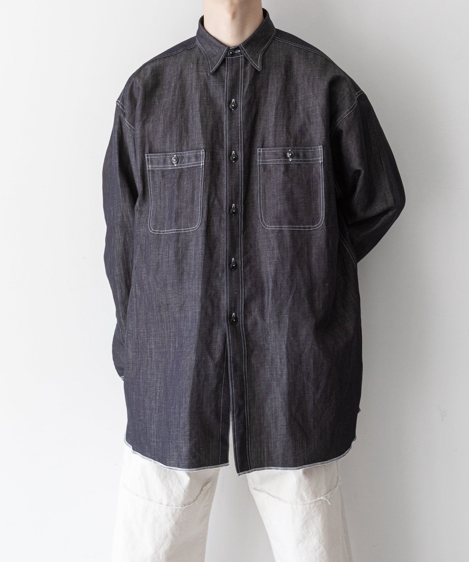 INTÉRIM / インテリム】HYPER BIG MILITARY LINEN DENIM SHIRT - NAVY