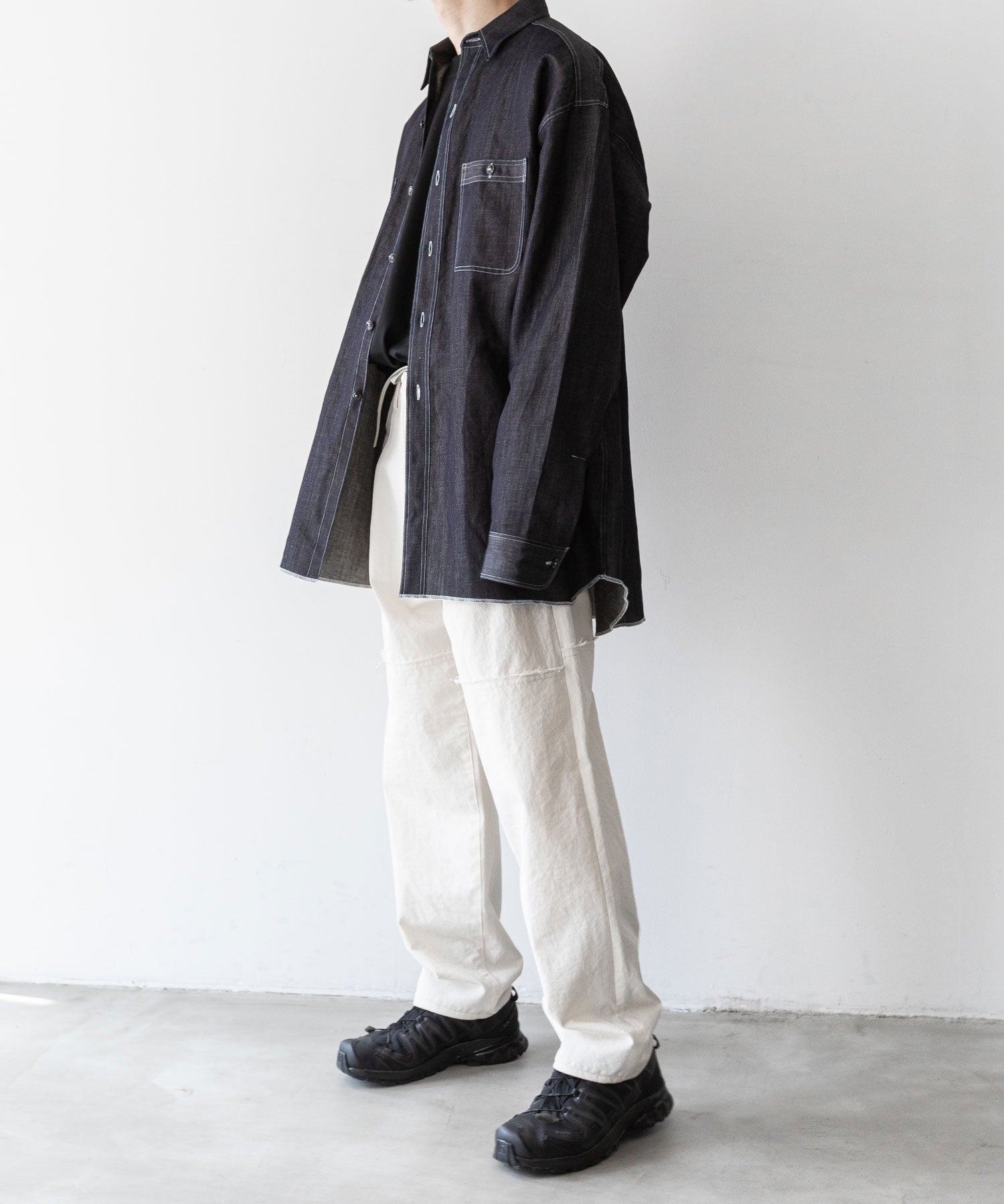 INTÉRIM / インテリム】HYPER BIG MILITARY LINEN DENIM SHIRT - NAVY