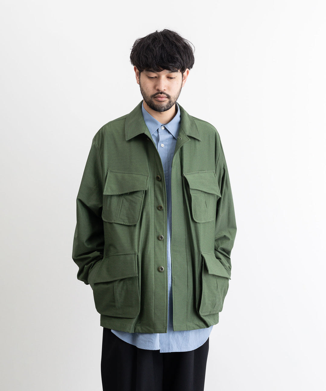 【KANEMASA PHIL.】カネマサのTYPEWRITER HIGH GAUGE JERSEY FATIGUE JACKET - MILITARY GREEN