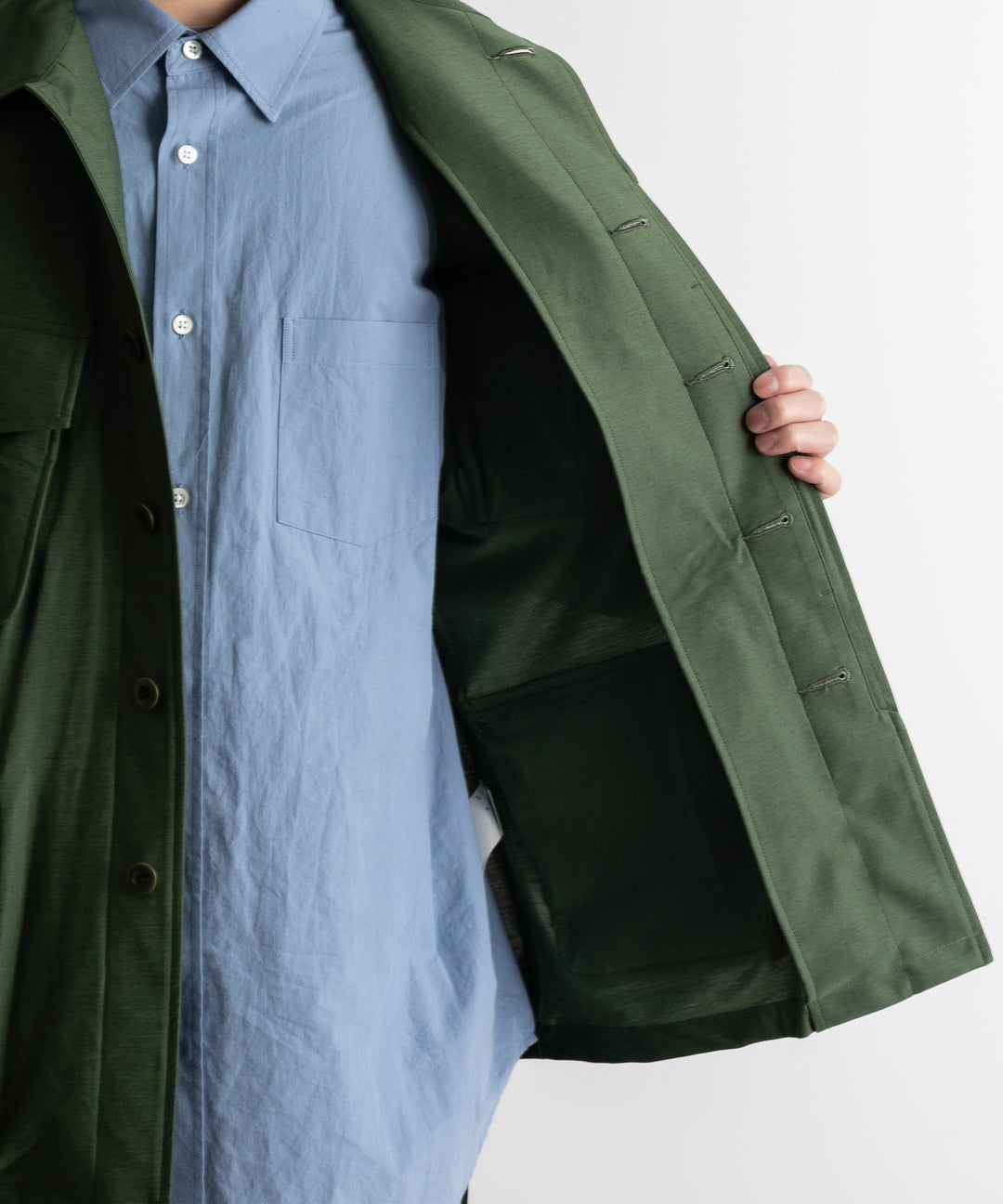 【KANEMASA PHIL.】カネマサのTYPEWRITER HIGH GAUGE JERSEY FATIGUE JACKET - MILITARY GREEN