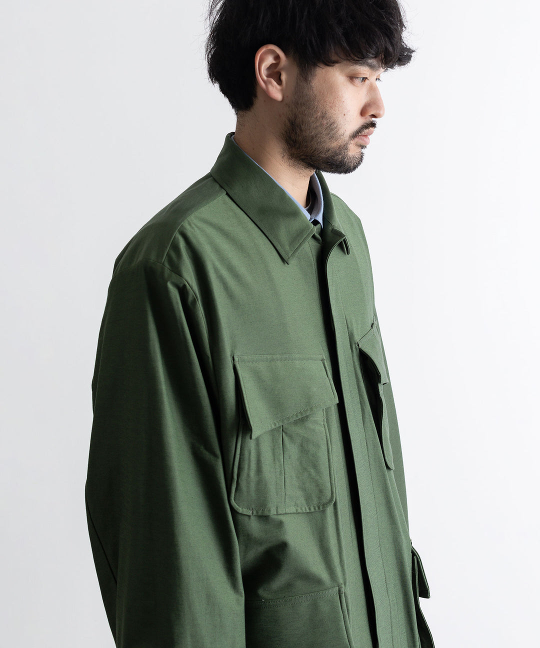 【KANEMASA PHIL.】カネマサのTYPEWRITER HIGH GAUGE JERSEY FATIGUE JACKET - MILITARY GREEN