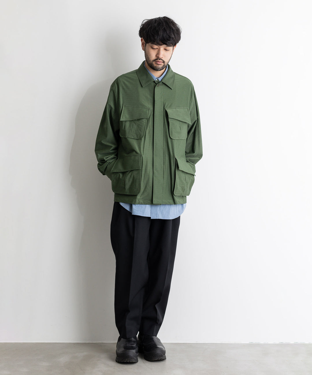 【KANEMASA PHIL.】カネマサのTYPEWRITER HIGH GAUGE JERSEY FATIGUE JACKET - MILITARY GREEN