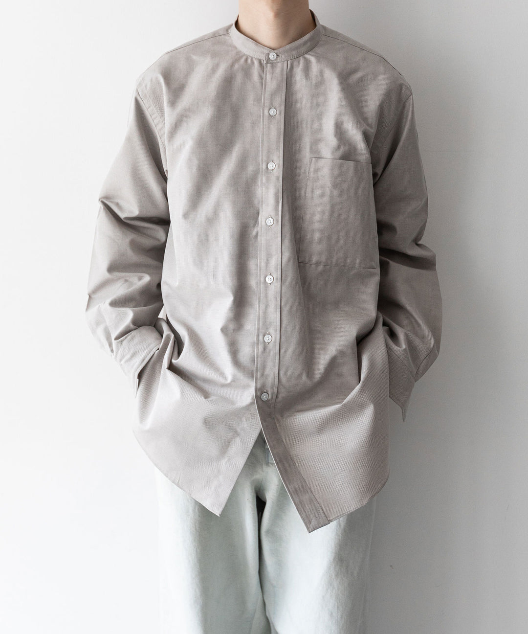 【INTÉRIM】HYPER BIG COTTON SILK LATTICE STAND COLLAR SHIRT - BEIGE