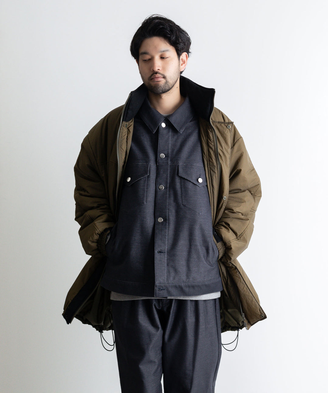 【KANEMASA】カネマサのニットデニム PIECE DYEING DENIM HIGH GAUGE JERSEY TUCK PANTS - NAVY