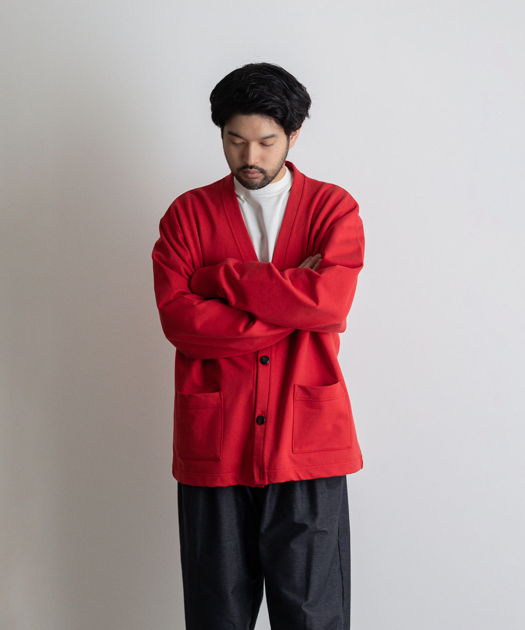 カネマサ通販【KANEMASA】SUPER FINE GAUGE CARDIGANのRED