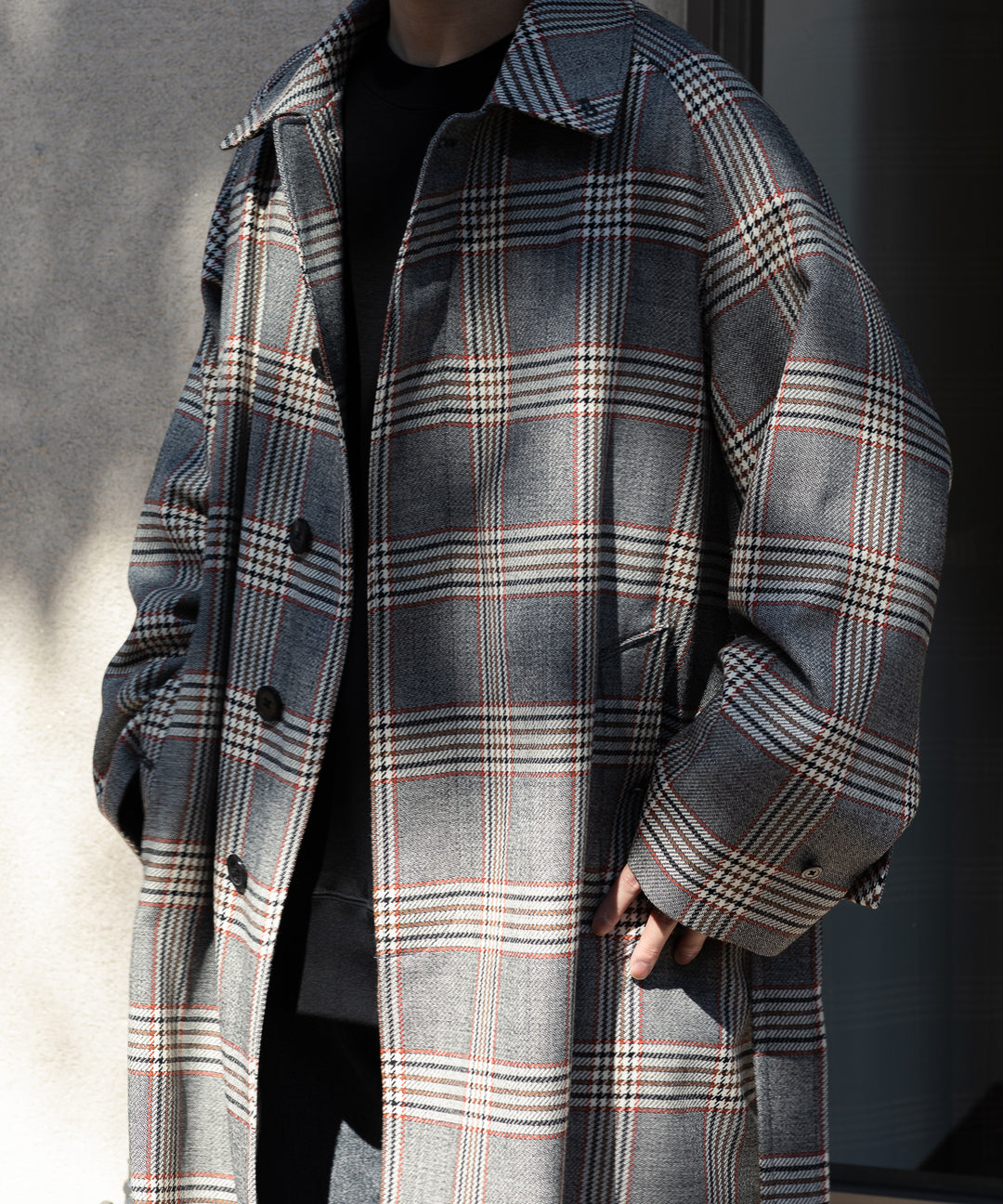 INTÉRIM(インテリム)のHYPER BIG HOUNDSTOOTH CHECK PLAID SINGLE RAGLAN BELTED OVER COAT - GRANITE GREY CHECK