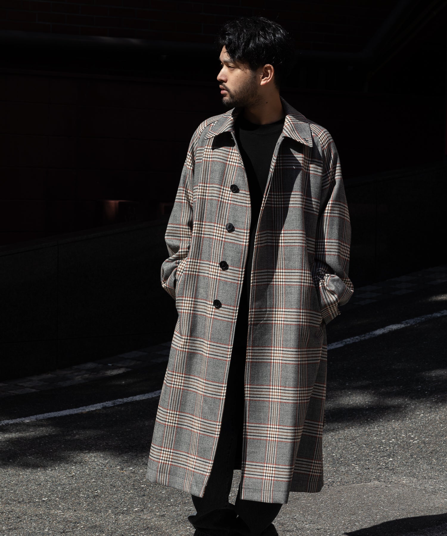 INTÉRIM(インテリム)のHYPER BIG HOUNDSTOOTH CHECK PLAID SINGLE RAGLAN BELTED OVER COAT - GRANITE GREY CHECK