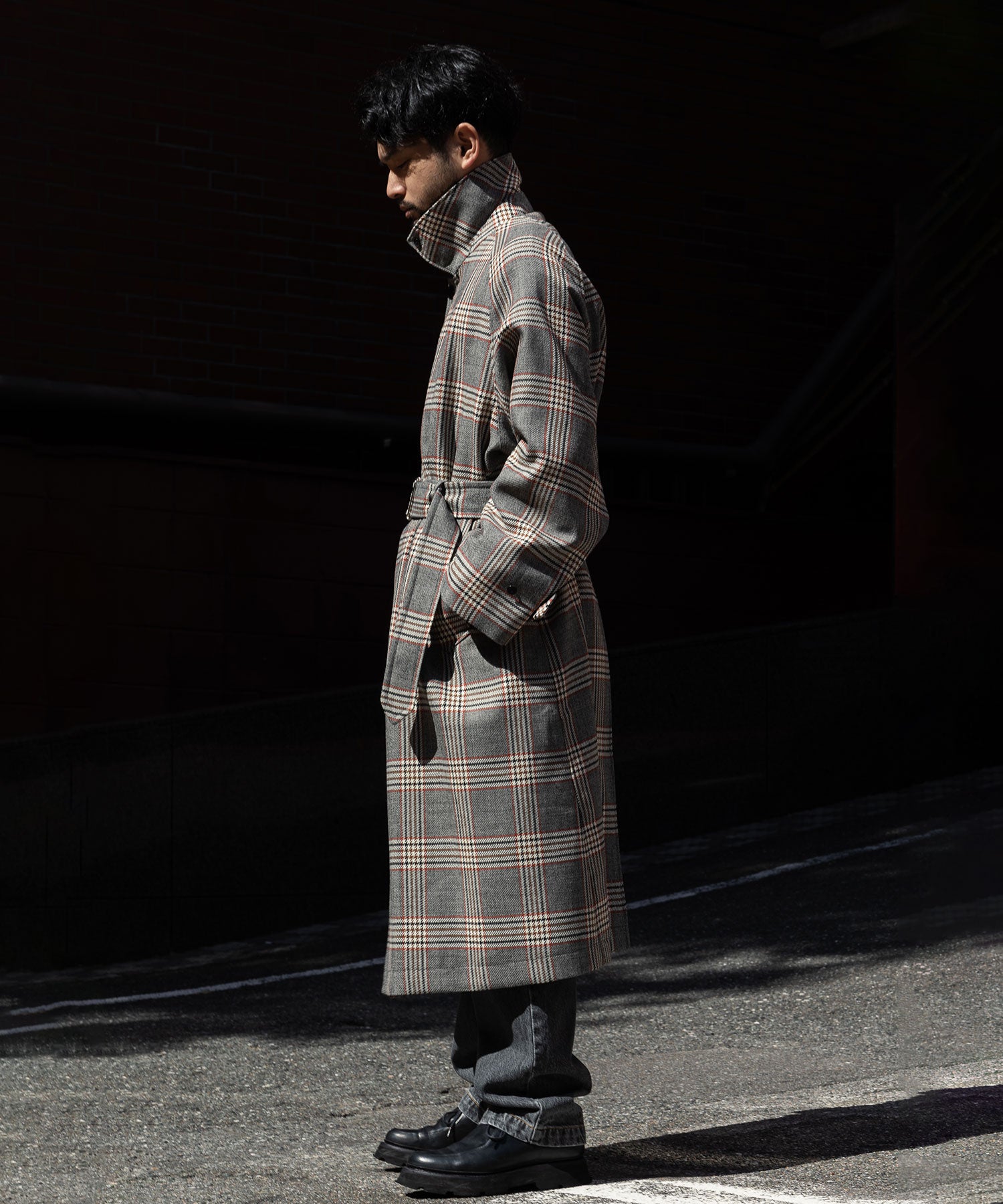 【INTÉRIM】HYPER BIG HOUNDSTOOTH CHECK PLAID SINGLE RAGLAN BELTED OVER COAT -  GRANITE GREY CHECK