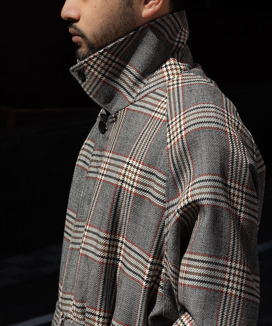 【INTÉRIM】HYPER BIG HOUNDSTOOTH CHECK PLAID SINGLE RAGLAN BELTED OVER COAT -  GRANITE GREY CHECK