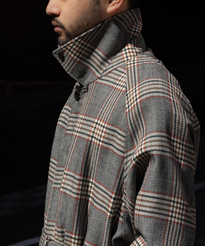 【INTÉRIM】HYPER BIG HOUNDSTOOTH CHECK PLAID SINGLE RAGLAN BELTED OVER COAT -  GRANITE GREY CHECK
