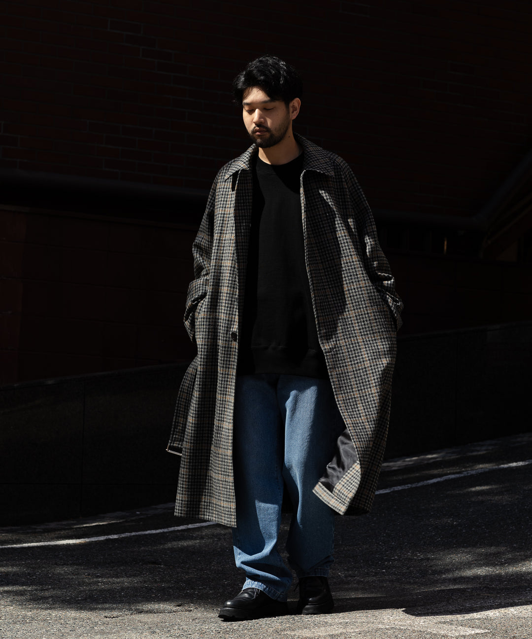 【INTÉRIM】HYPER BIG LOVAT KIRK TWEED  SINGLE RANGE BELTED OVER COAT -  BLK×GRY