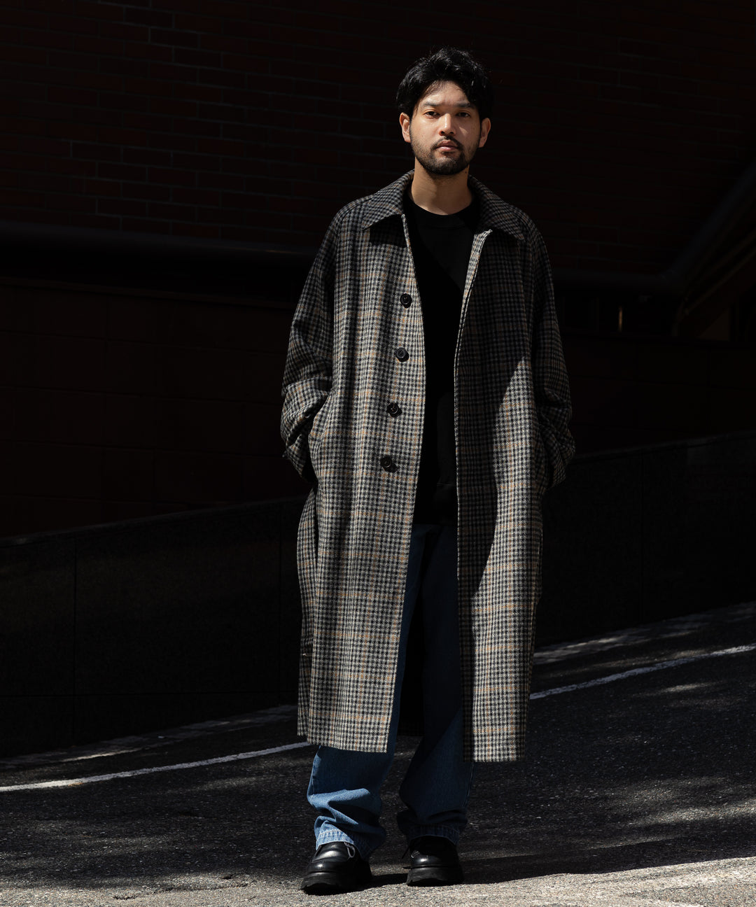 【INTÉRIM】HYPER BIG LOVAT KIRK TWEED  SINGLE RANGE BELTED OVER COAT -  BLK×GRY
