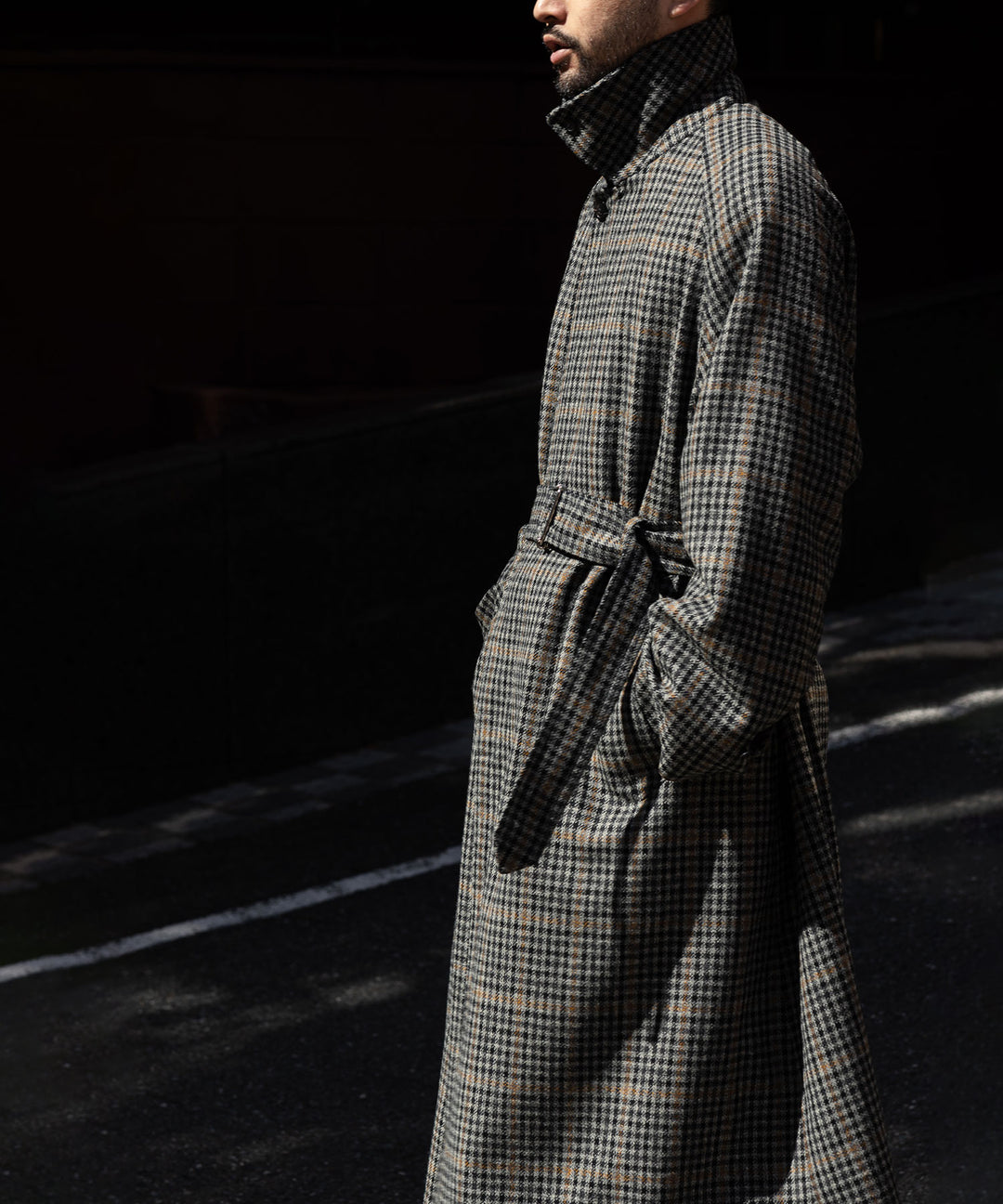 【INTÉRIM】HYPER BIG LOVAT KIRK TWEED  SINGLE RANGE BELTED OVER COAT -  BLK×GRY