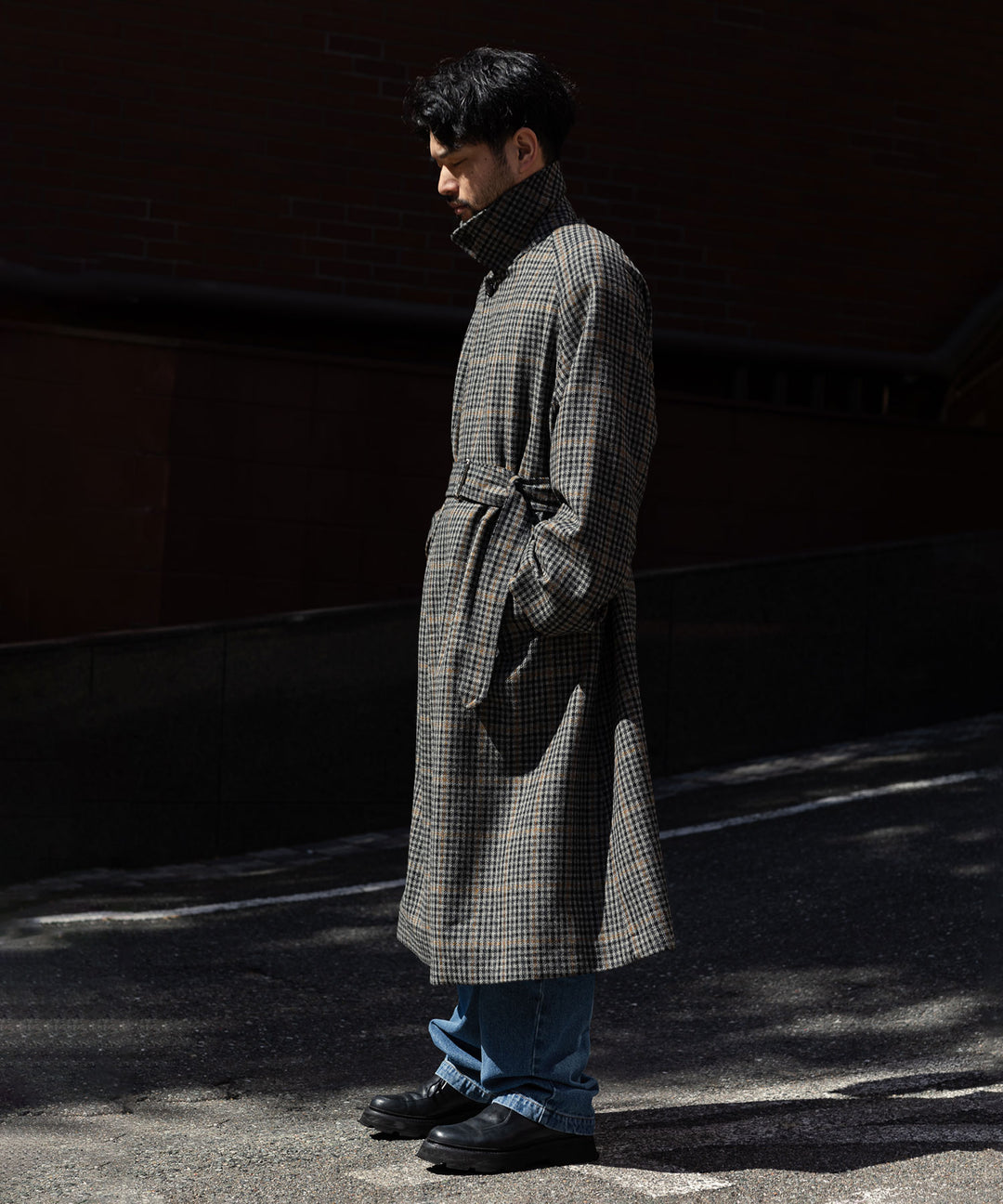 【INTÉRIM】HYPER BIG LOVAT KIRK TWEED  SINGLE RANGE BELTED OVER COAT -  BLK×GRY