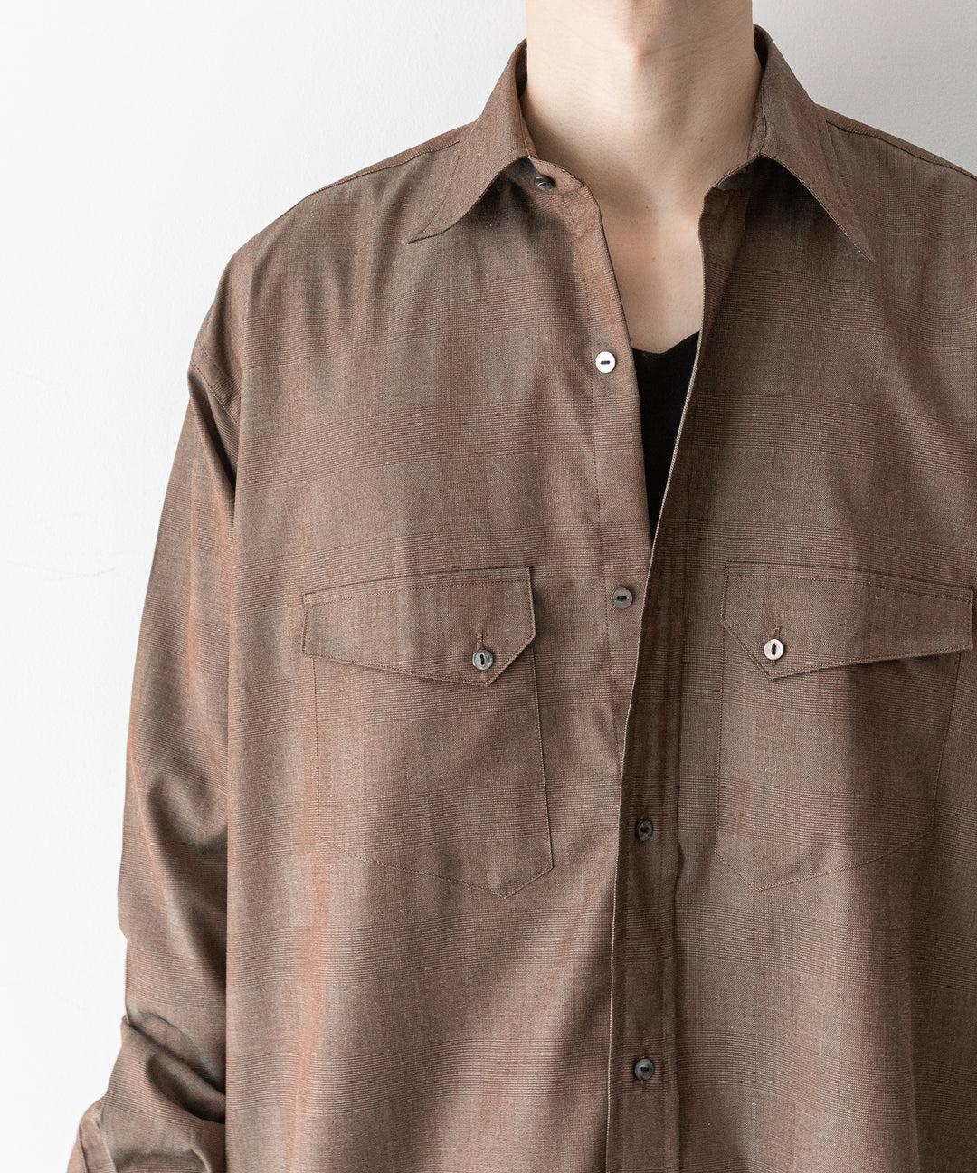 【INTÉRIM】インテリムの限定シャツ HYPER BIG IRIDESCENT CHECK LONG HORN WESTERN SHIRT - BROWN/GREEN