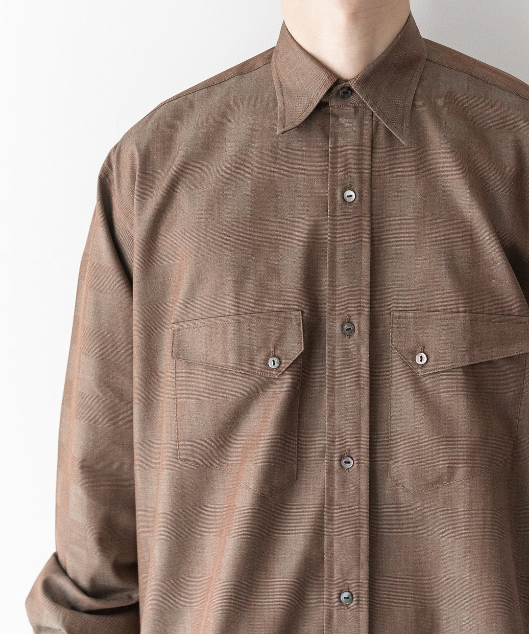 【INTÉRIM】インテリムの限定シャツ HYPER BIG IRIDESCENT CHECK LONG HORN WESTERN SHIRT - BROWN/GREEN
