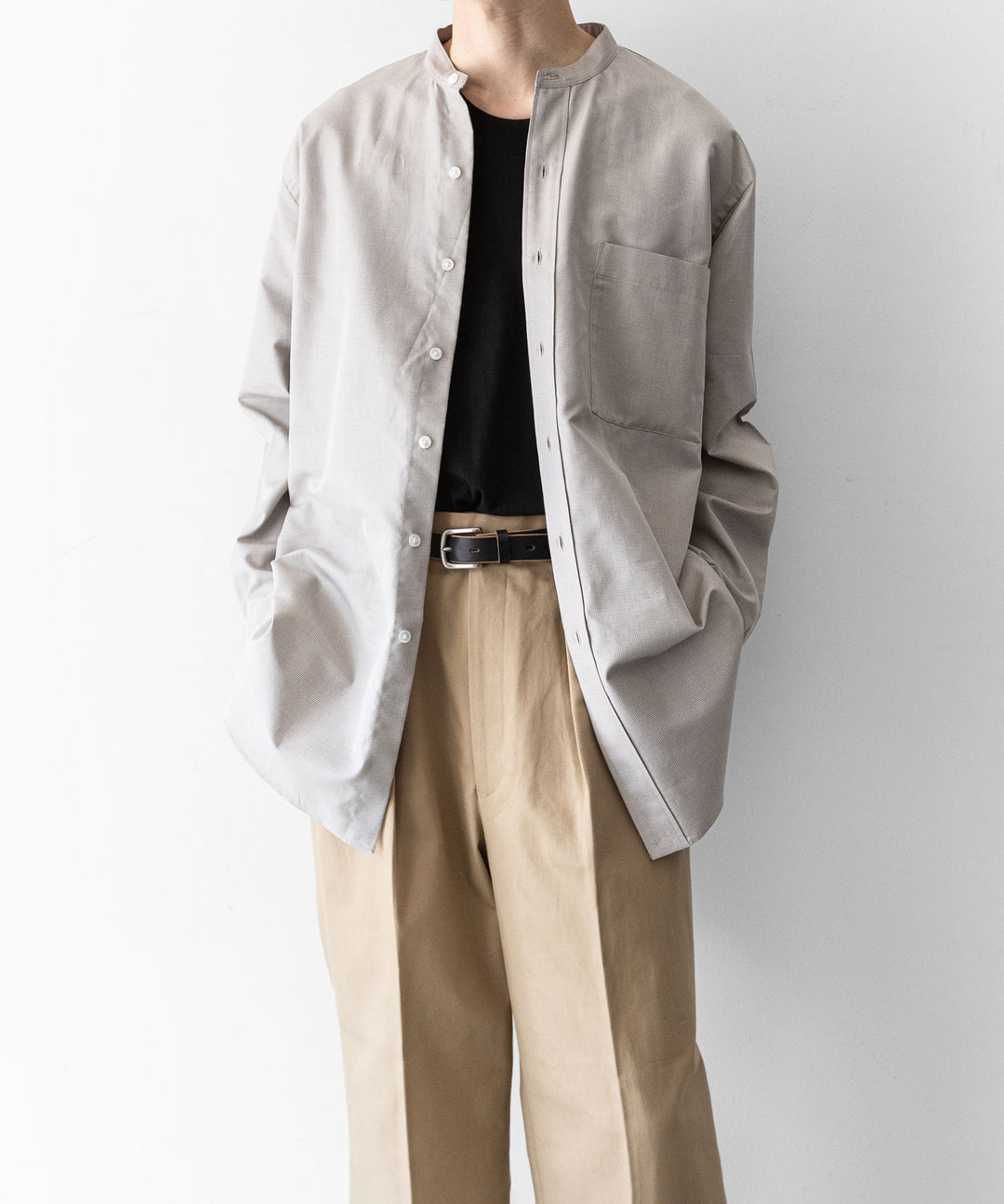 【INTÉRIM】HYPER BIG COTTON SILK LATTICE STAND COLLAR SHIRT - BEIGE