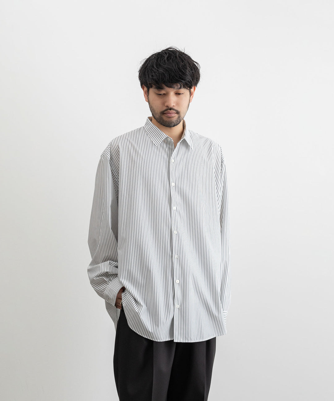 【KANEMASA PHIL.】カネマサのPENCIL STRIPE DRESS JERSEY SHIRT - WHITE×NAVY