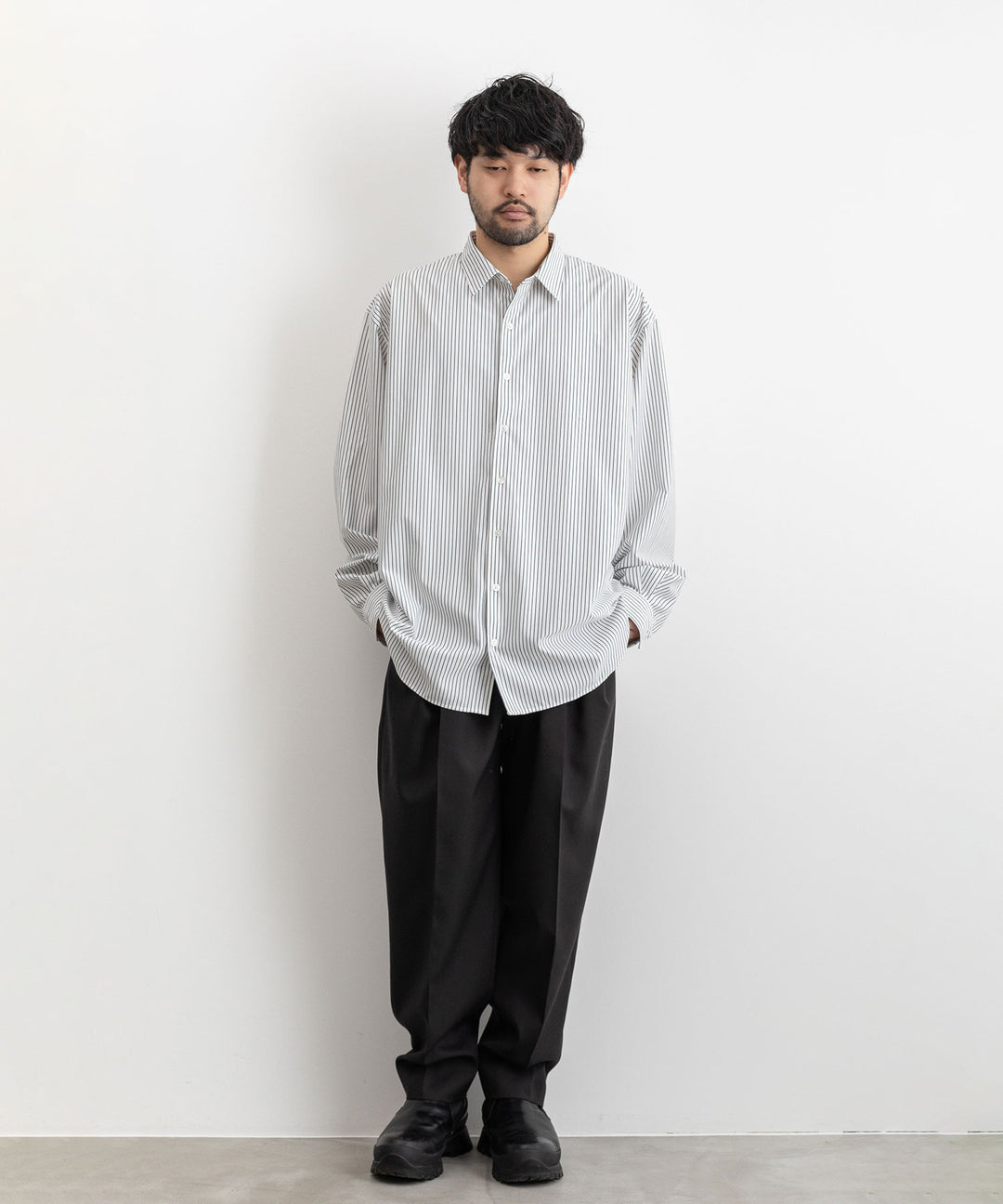 【KANEMASA PHIL.】カネマサのPENCIL STRIPE DRESS JERSEY SHIRT - WHITE×NAVY