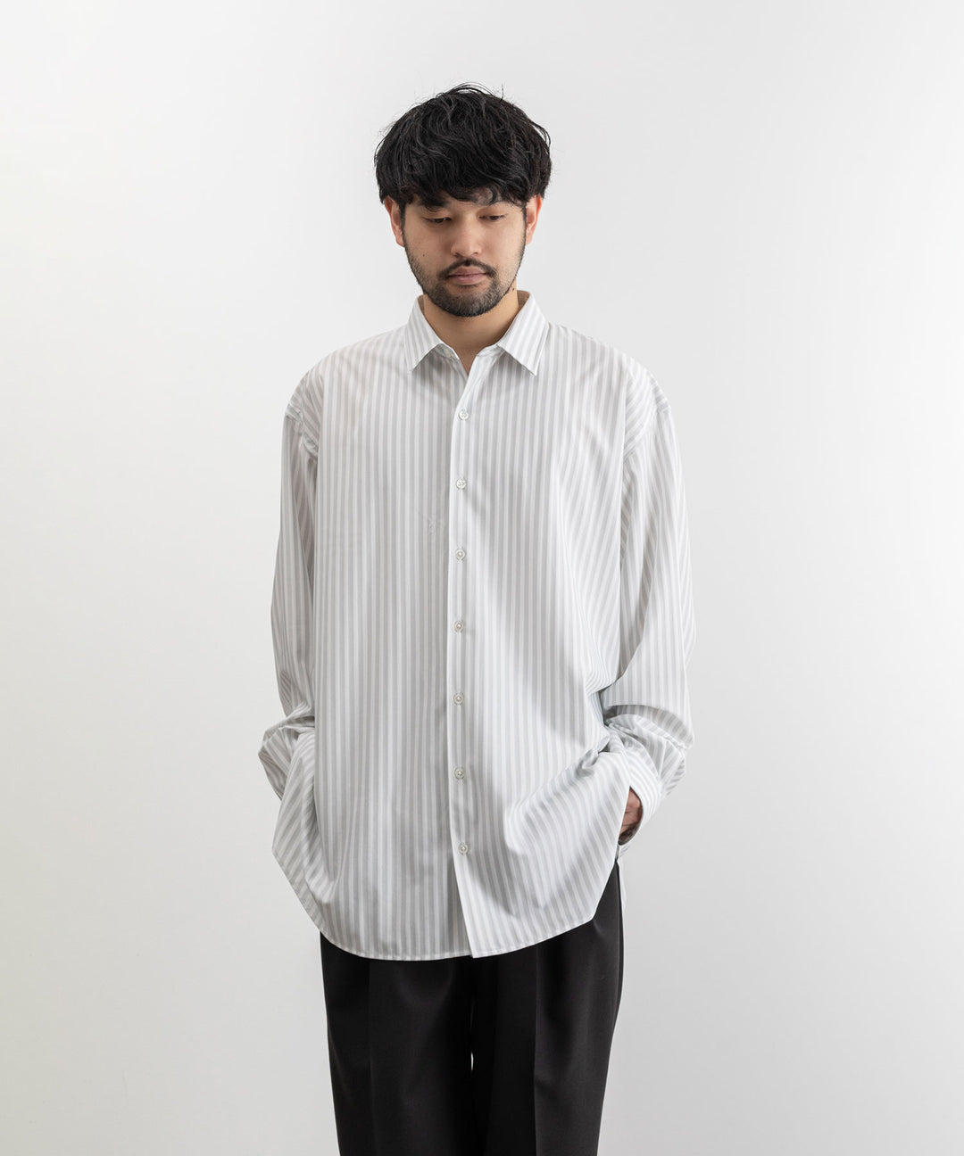 【KANEMASA】LONDON STRIPE DRESS JERSEY SHIRT - LIGHT GRAY×WHITE