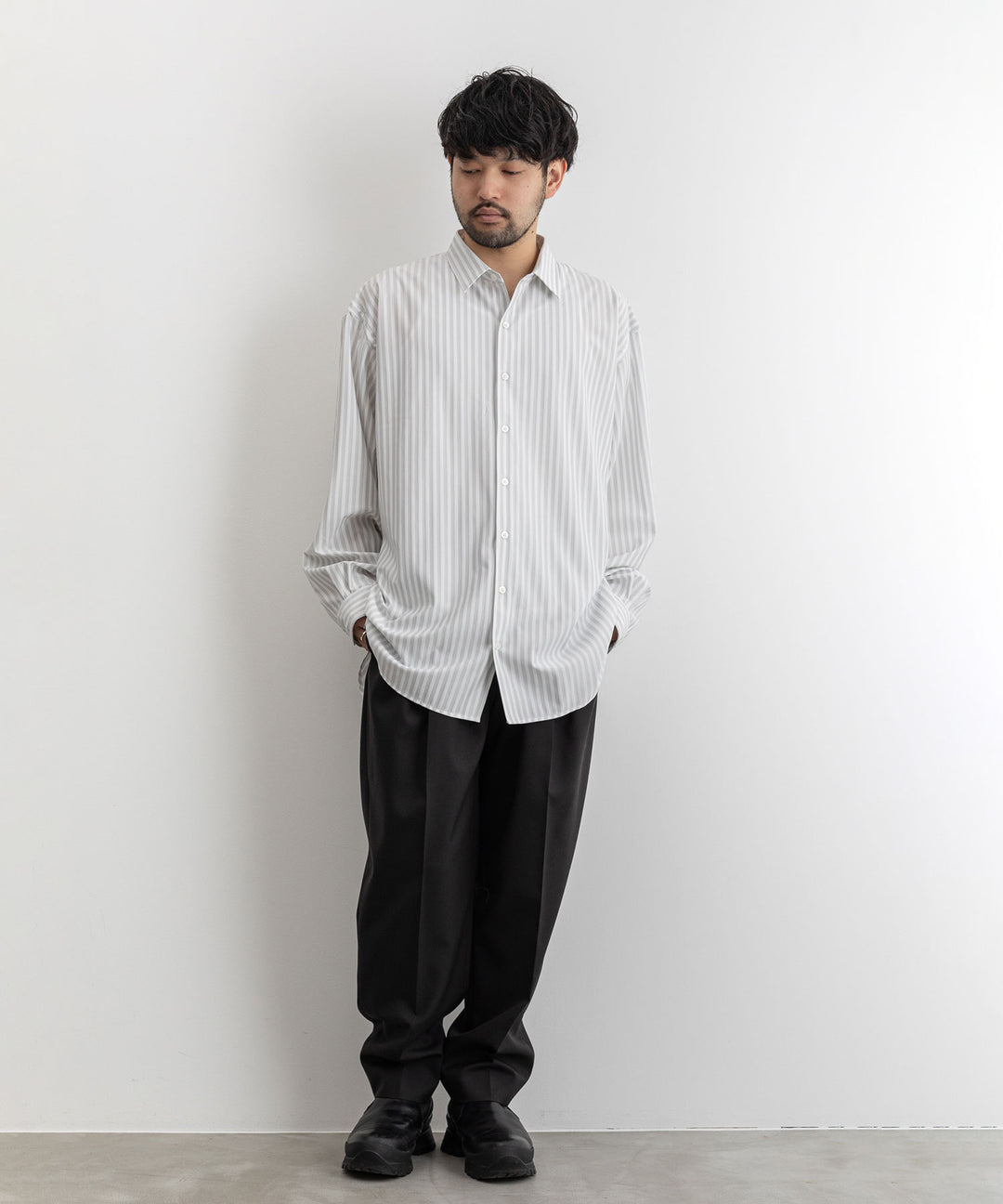 【KANEMASA】LONDON STRIPE DRESS JERSEY SHIRT - LIGHT GRAY×WHITE