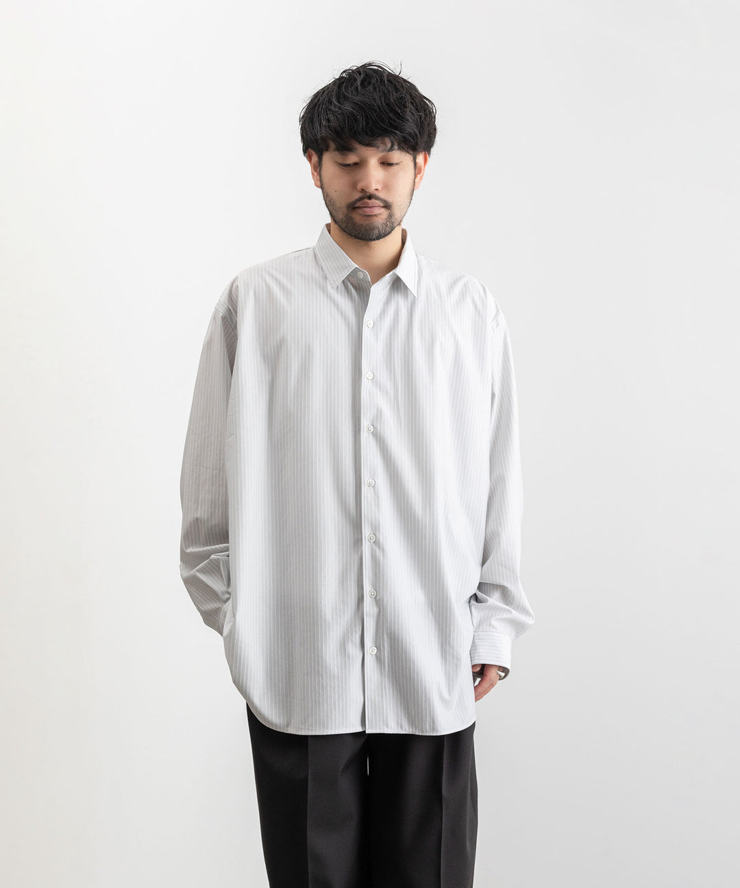 【KANEMASA PHIL.】カネマサのPENCIL STRIPE DRESS JERSEY SHIRT - LIGHT GRAY×WHITE