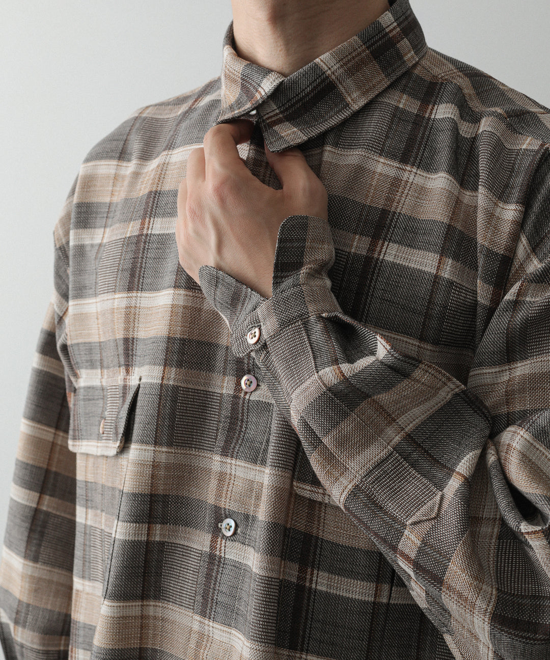 【INTÉRIM】HYPER BIG SHEER FIL A FIL CHECK GATHER SHIRT - PINE BARK CHECK
