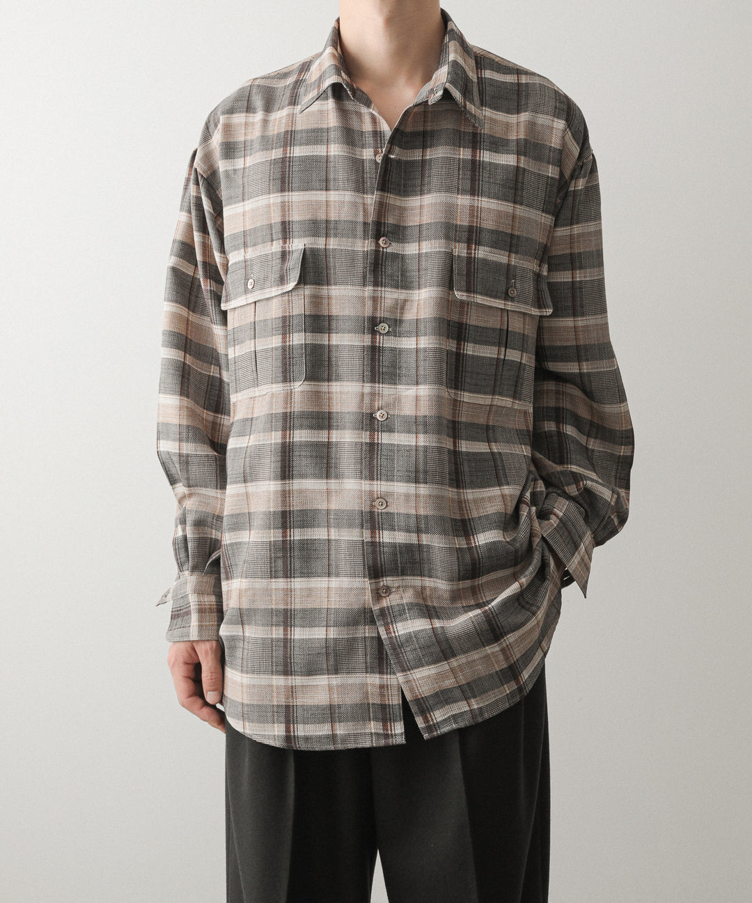 【INTÉRIM】HYPER BIG SHEER FIL A FIL CHECK GATHER SHIRT - PINE BARK CHECK