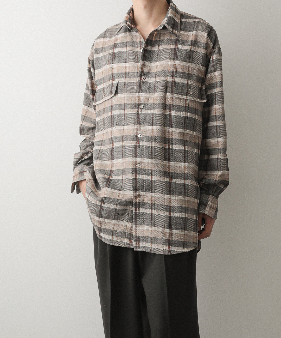 【INTÉRIM】HYPER BIG SHEER FIL A FIL CHECK GATHER SHIRT - PINE BARK CHECK