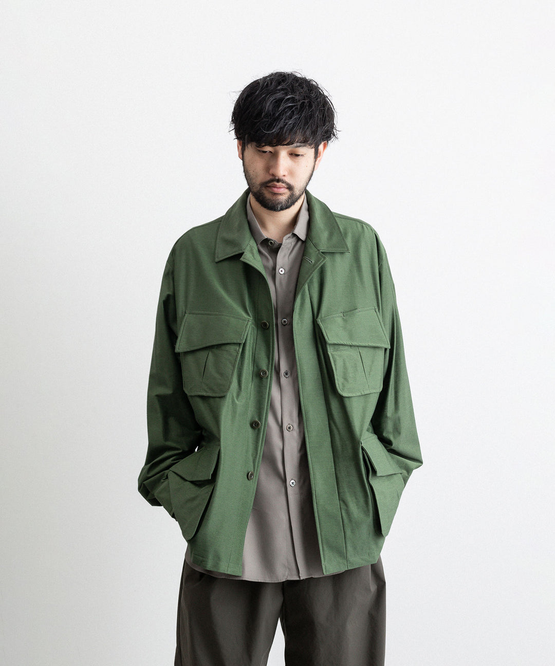 【KANEMASA PHIL.】カネマサのTYPEWRITER HIGH GAUGE JERSEY FATIGUE JACKET - MILITARY GREEN