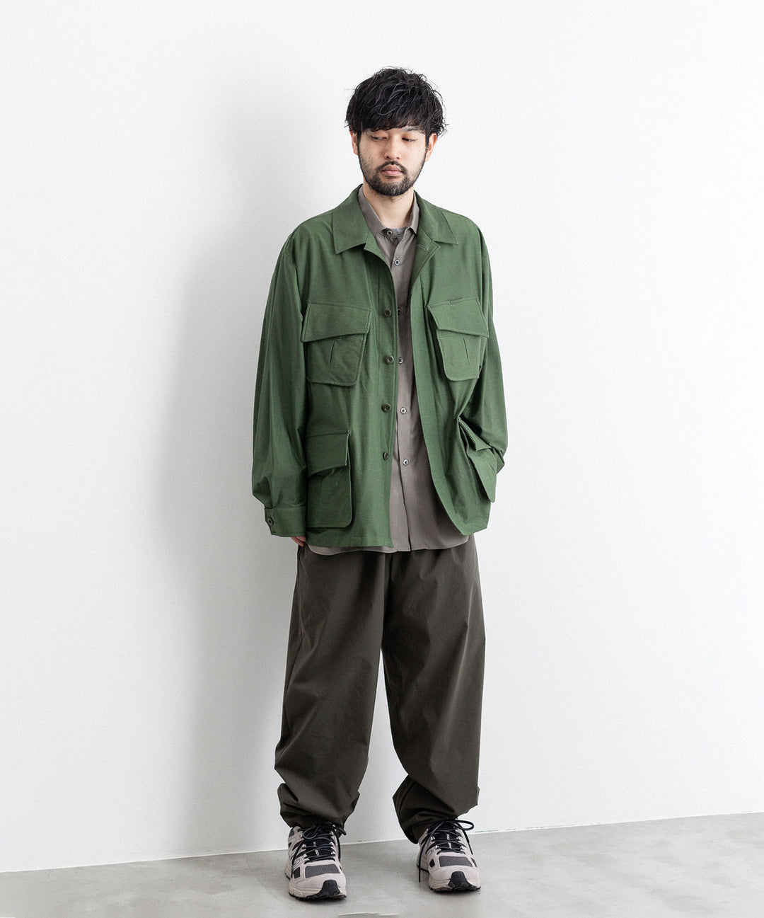 【KANEMASA PHIL.】カネマサのTYPEWRITER HIGH GAUGE JERSEY FATIGUE JACKET - MILITARY GREEN