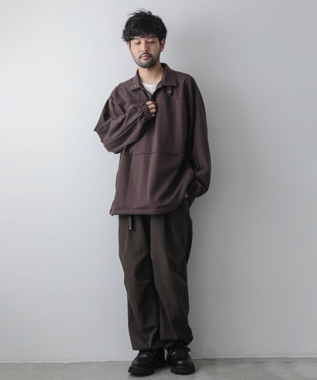 カネマサ通販【KANEMASA】SUPER FINE GAUGE LOOSE LONG SLEEVE POLO - BROWN